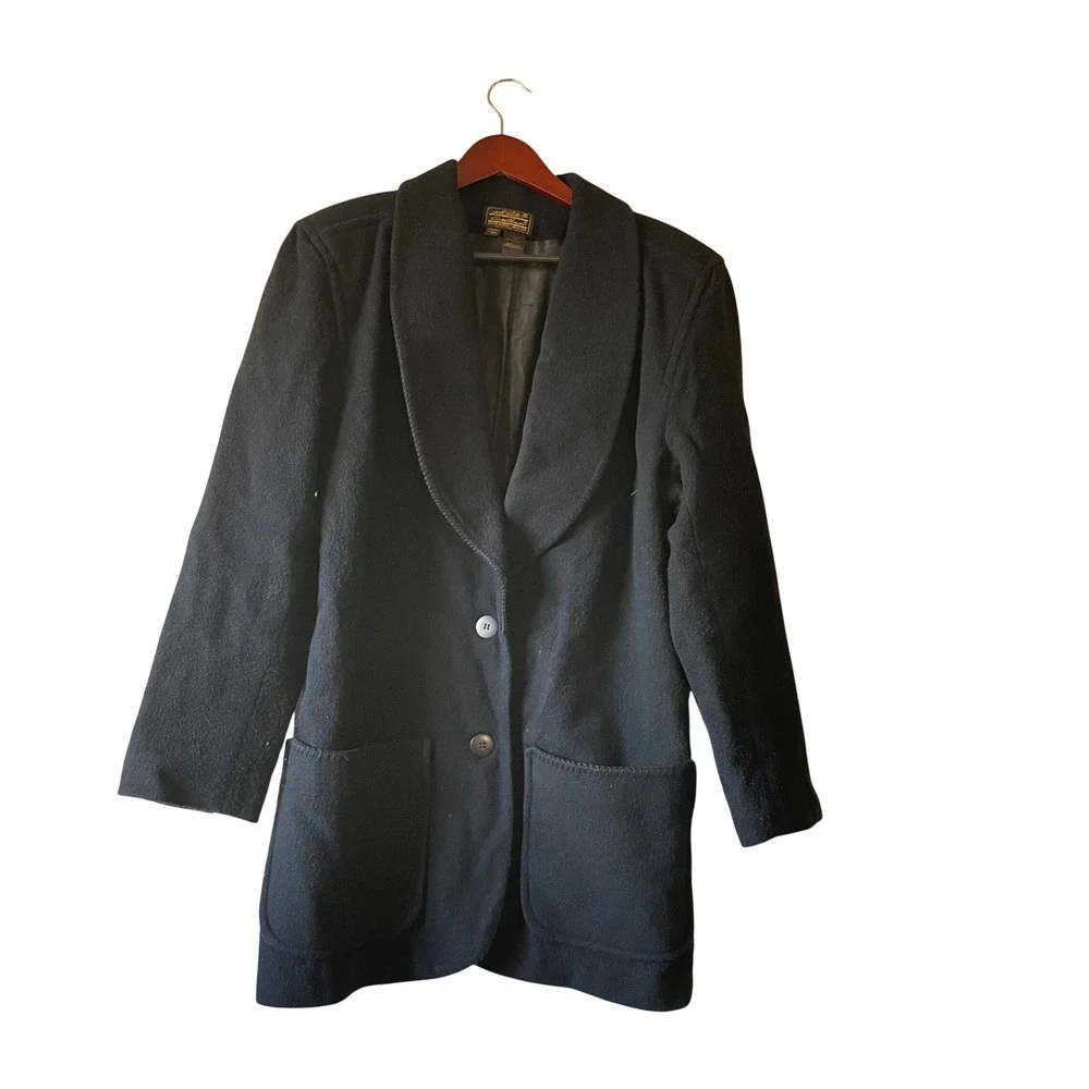 Vintage Eddie Bauer Womens Black Wool Shawl Collar Button‎ Front Size Large